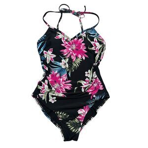 Kona Sol One Piece Swimsuit Medium Black Tropical Floral Halter Beach Resort